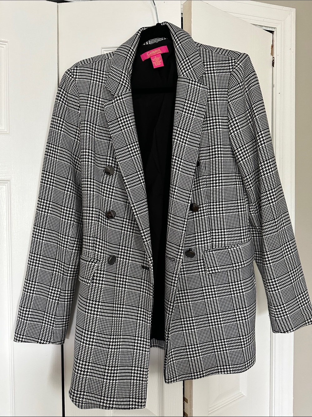 Catherine Malandrino Black and White Glen Plaid Double-Breasted Blazer